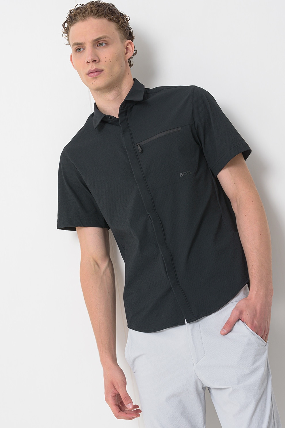 BOSS, Camasa cu maneci scurte, Negru, L