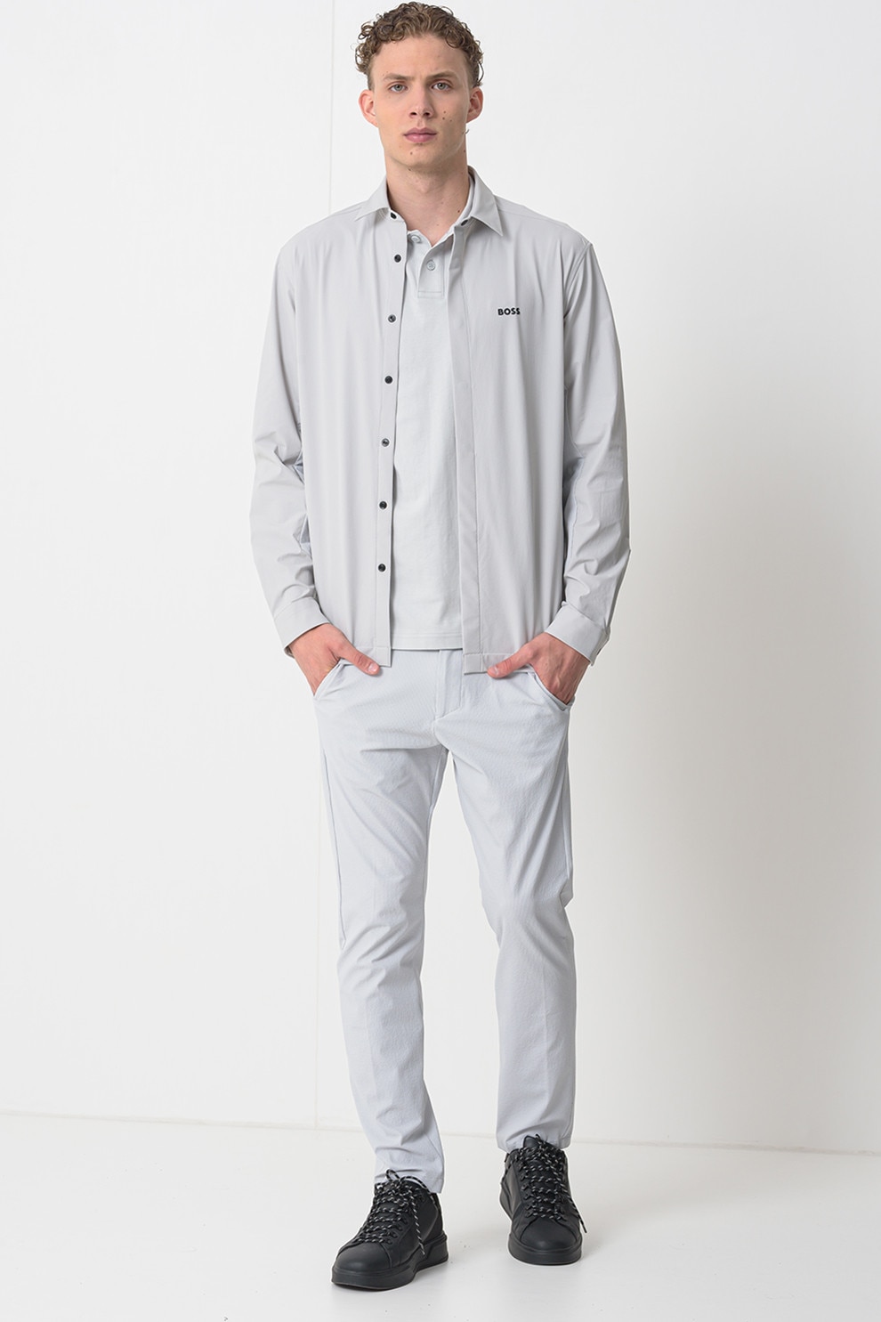 BOSS, Camasa cu logo, Albastru glaciar, L