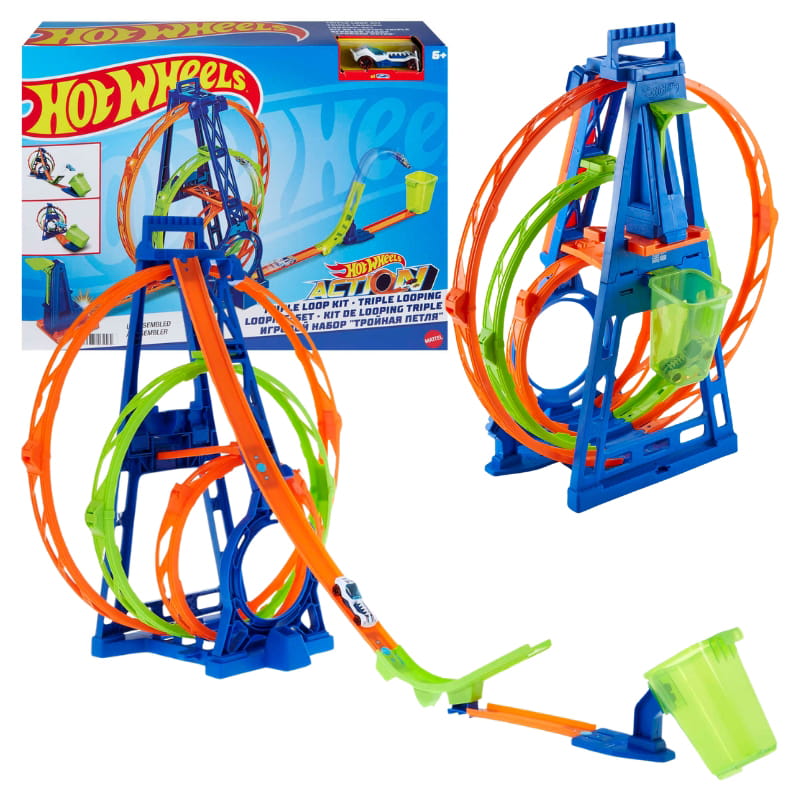 Set de jucarii cu masinute, Hot Wheels, tripla bucla 2 in 1, rampa