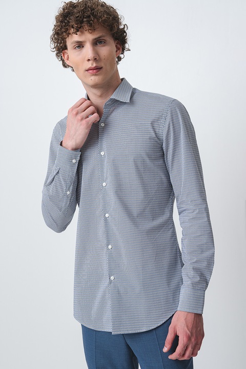 HUGO, Camasa cu model si maneci lungi Keno, Alb/Negru/Albastru