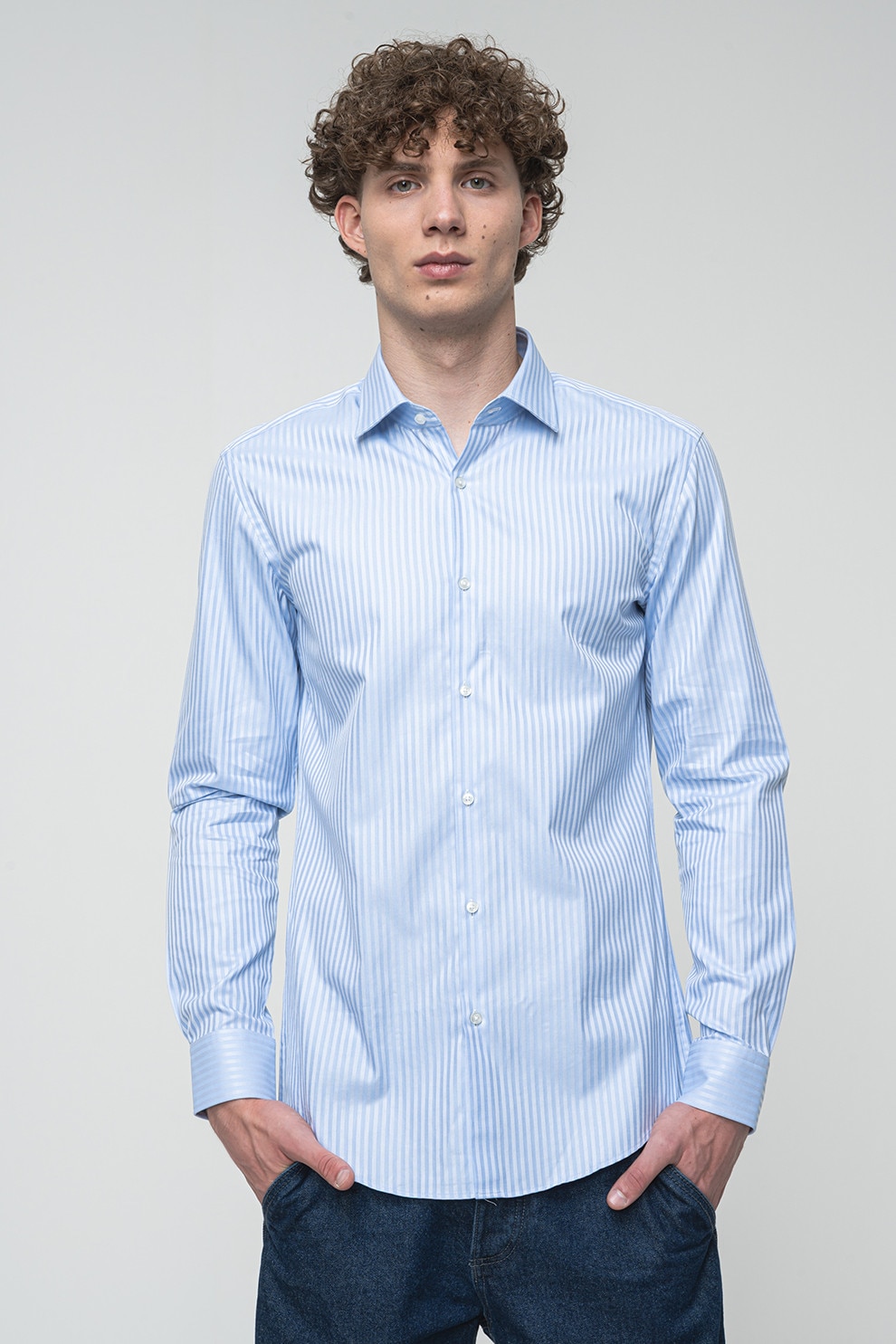 HUGO, Camasa regular-fit cu dungi, Albastru pastel, 39