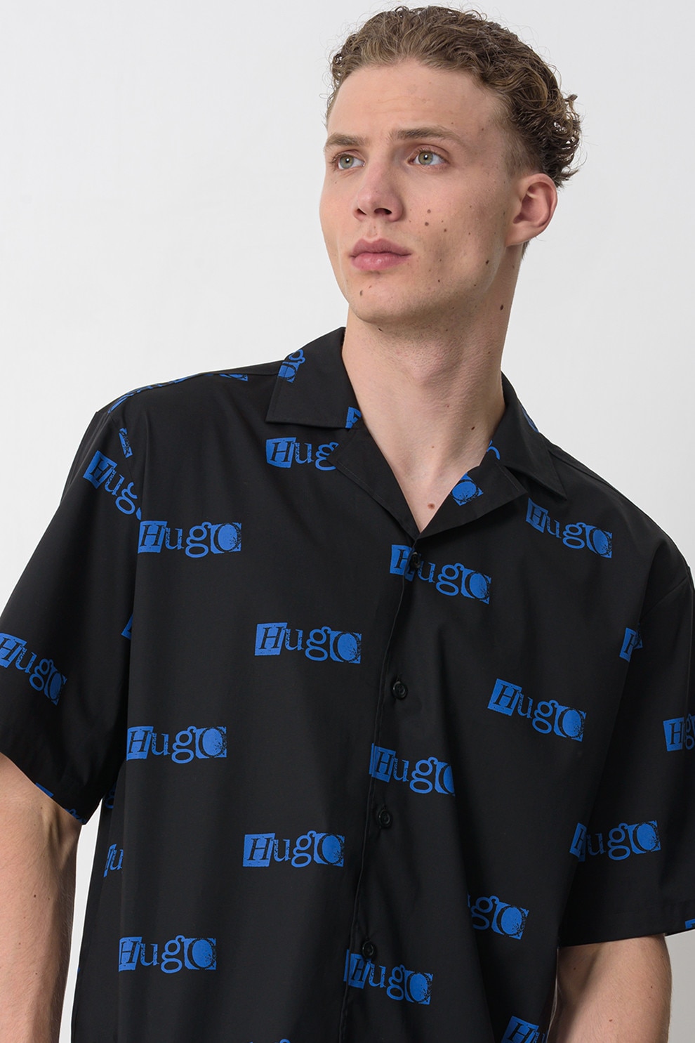 HUGO, Camasa cu maneci scurte si logo, Negru, Albastru royal, L