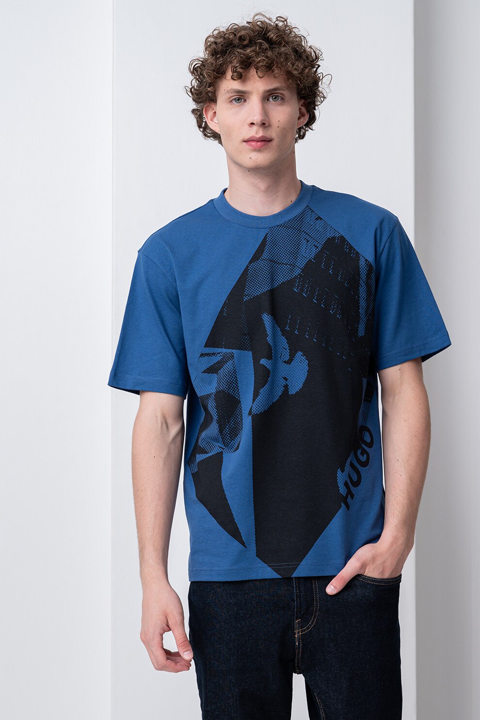 HUGO, Tricou de bumbac cu imprimeu, Negru, Albastru inchis, M