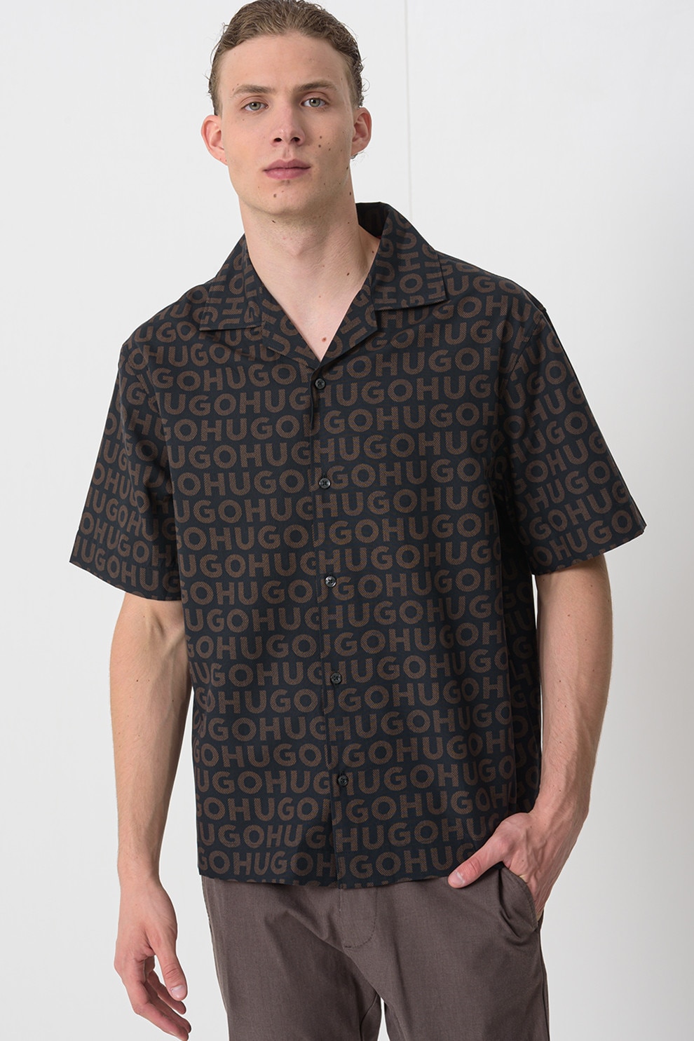 HUGO, Camasa cu model logo, Negru, Maro fango, L