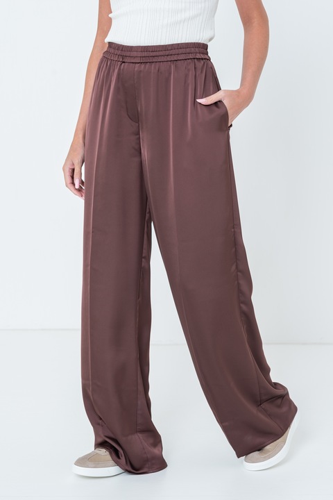 HUGO, Pantaloni din satin cu croiala ampla, Rosu inchis