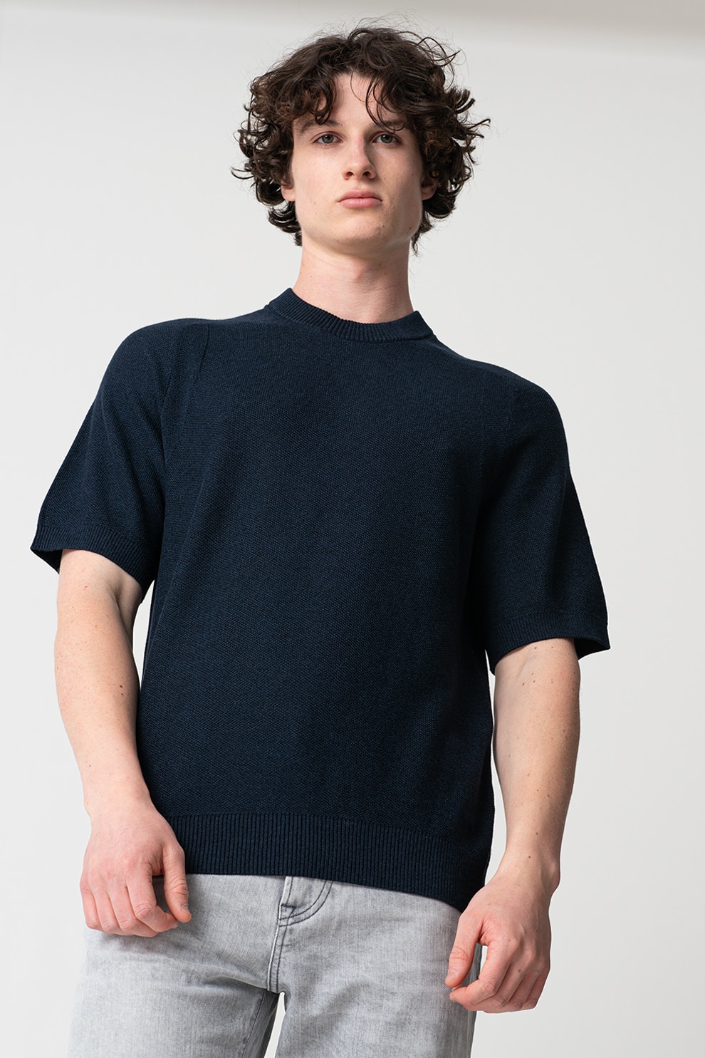 BOSS, Tricou tricotat fin din amestec de lyocell, Bleumarin, L
