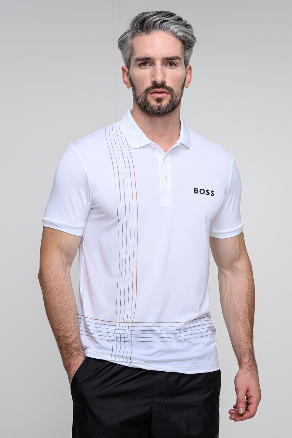 BOSS, Tricou polo cu imprimeu logo, Alb optic, L