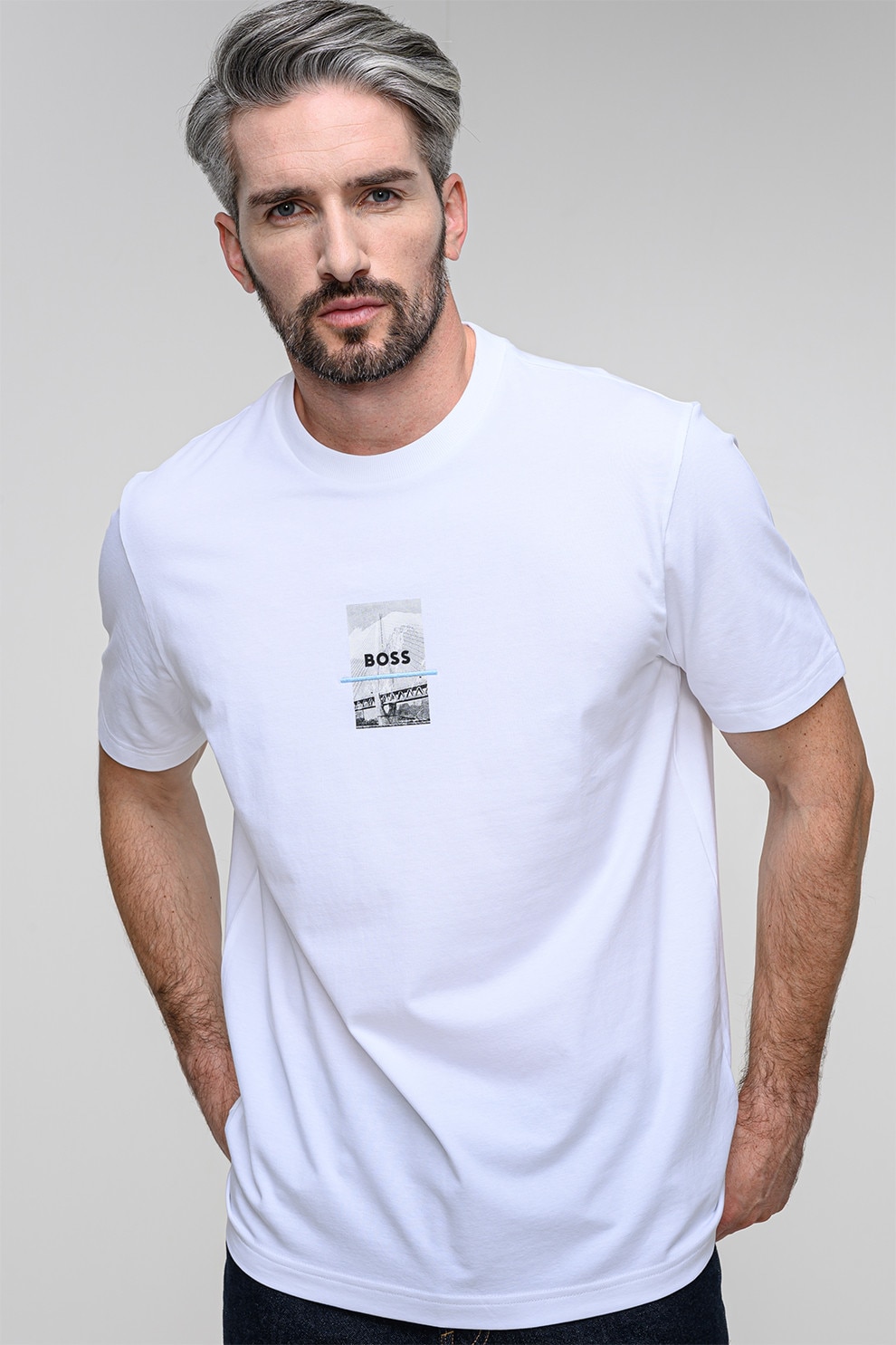 BOSS, Tricou relaxed fit cu imprimeu logo, Alb optic, 2XL