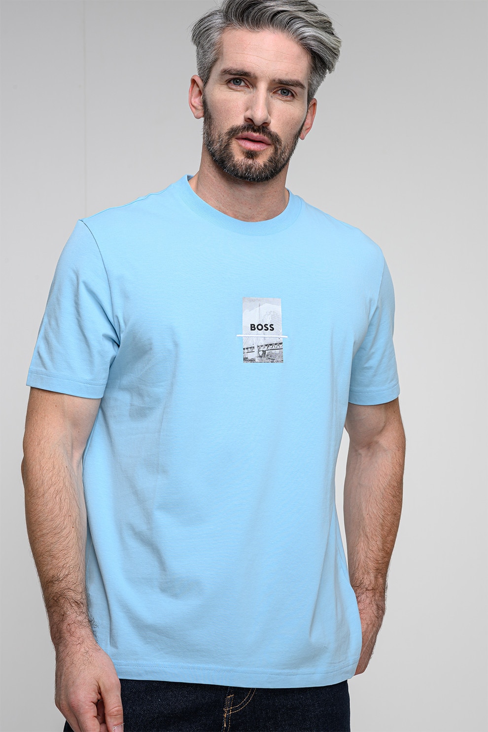 BOSS, Tricou relaxed fit cu imprimeu logo, Albastru deschis, 2XL