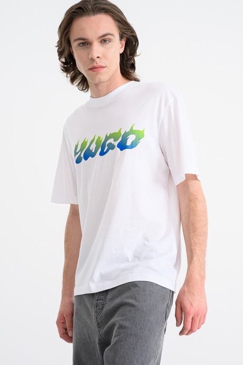 HUGO, Tricou regular fit cu imprimeu frontal Napolux, Alb/Albastru royal/Verde feriga