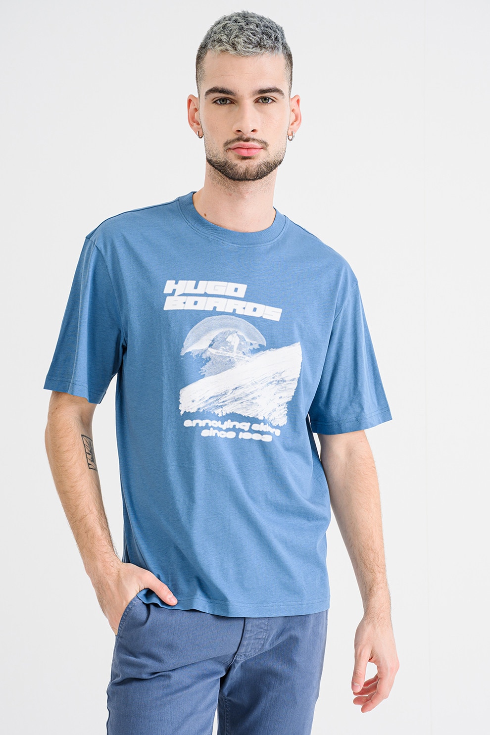 HUGO, Tricou regular fit cu imprimeu frontal Napolux, Albastru pastel, XS