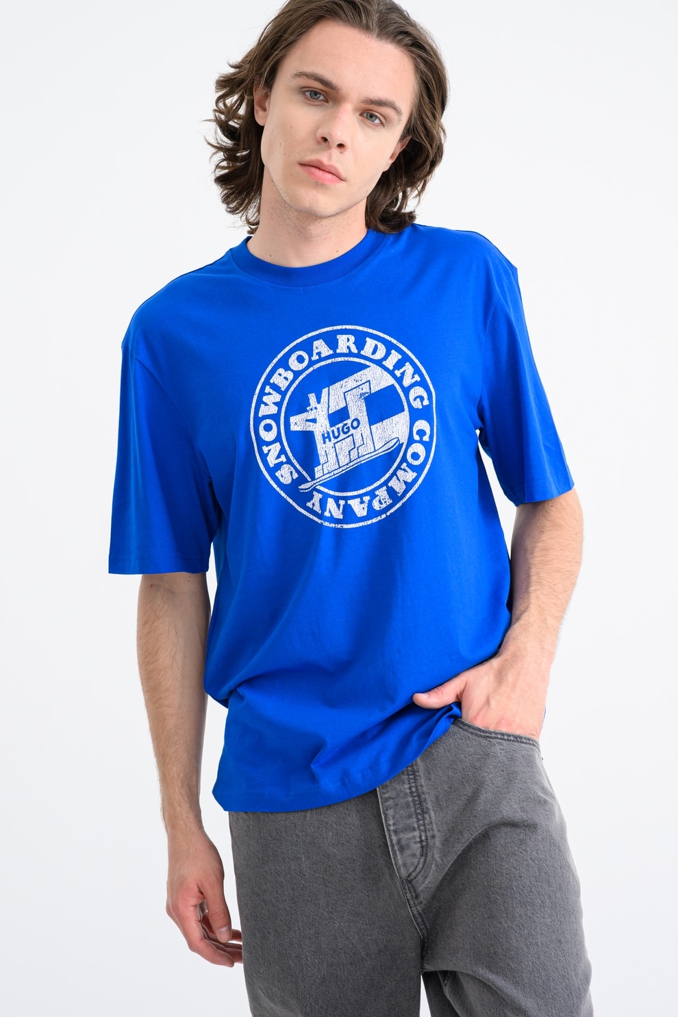 HUGO, Tricou regular fit cu imprimeu frontal Napolux, Alb, Albastru royal, S