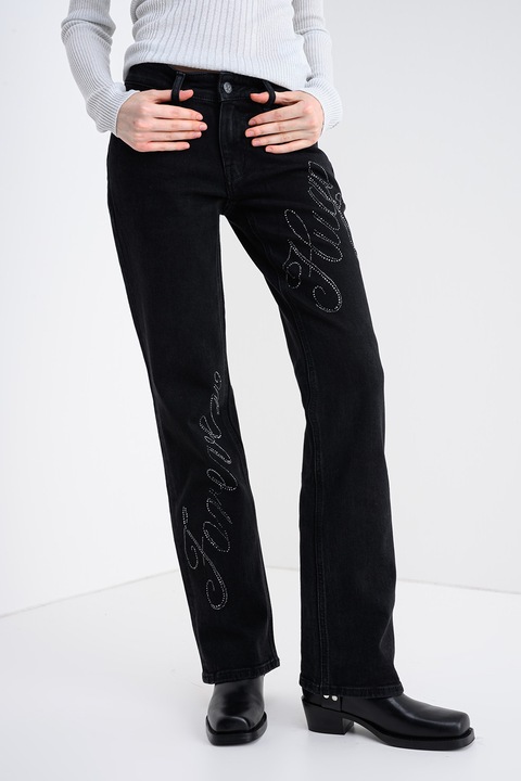 HUGO, Blugi slim fit cu logo decorat cu strasuri Gamera, Negru stins