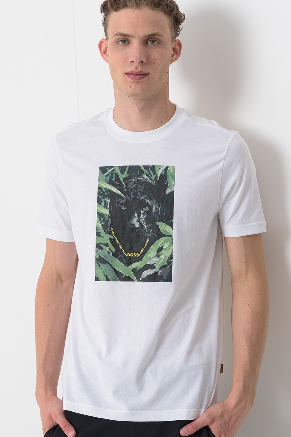 BOSS, Tricou regular fit cu decolteu la baza gatului si imprimeu grafic, Verde pal, Alb optic, M