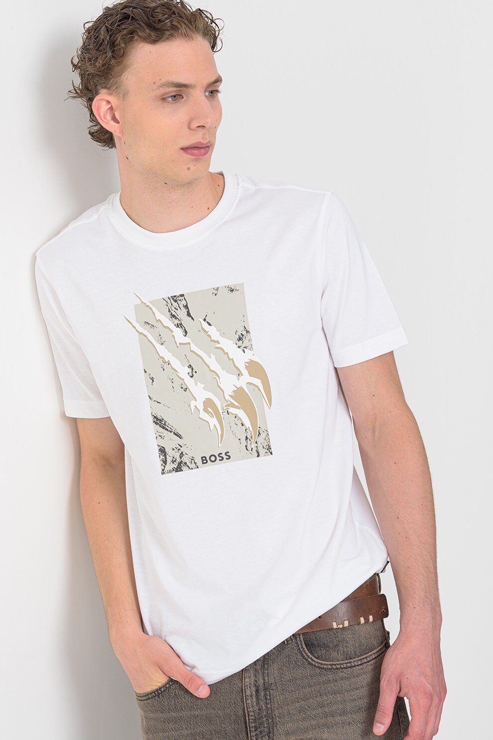 BOSS, Tricou regular fit cu decolteu la baza gatului si imprimeu grafic, Alb optic, Grej, M