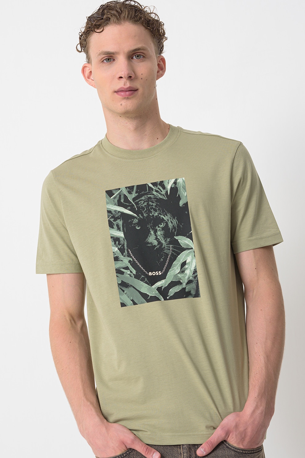 BOSS, Tricou regular fit cu decolteu la baza gatului si imprimeu grafic, Negru stins, Verde pal, S