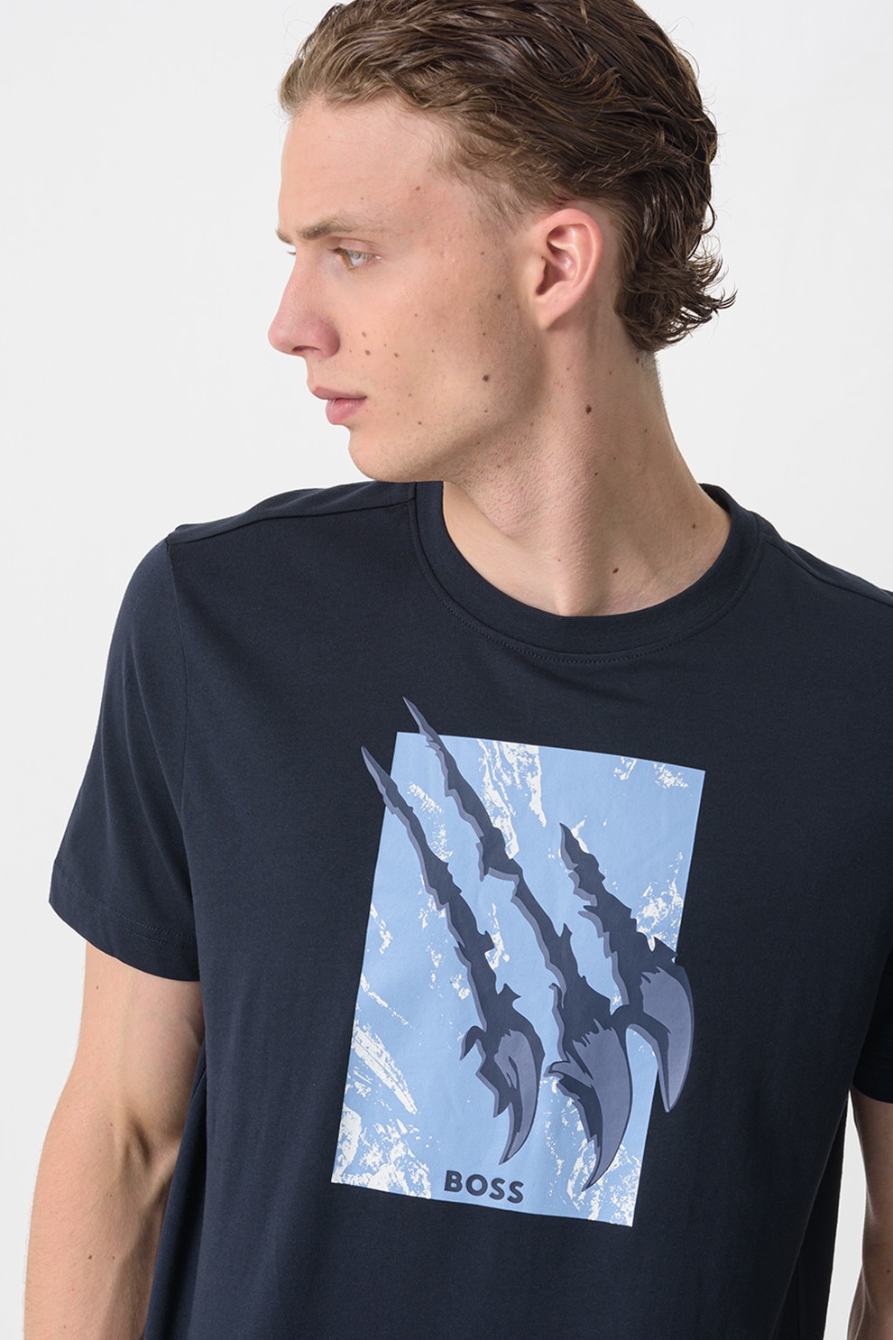 BOSS, Tricou regular fit cu decolteu la baza gatului si imprimeu grafic, Albastru ultramarin, Albastru deschis, M