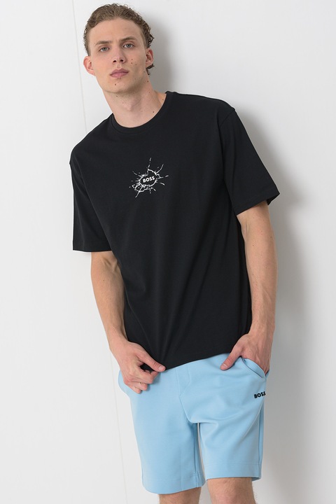 BOSS, Tricou lejer de bumbac cu logo, Negru/Alb optic