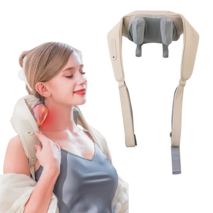 Kéz nélküli nyakmasszírozó izomlazításhoz, 5D Shiatsu masszázshenger, amely utánozza az emberi masszázst, fűtési funkció, csökkenti a stresszt és a fáradtságot, enyhíti a nyak-, váll- és hátfájást, állítható intenzitás, sárga topáz