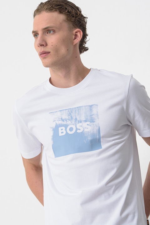 BOSS, Tricou cu imprimeu logo si decolteu la baza gatului, Alb optic/Albastru deschis