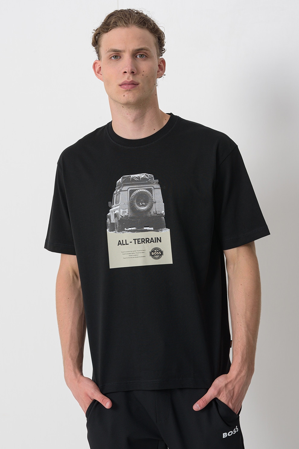 BOSS, Tricou lejer de bumbac cu imprimeu foto, Negru, Gri deschis, M