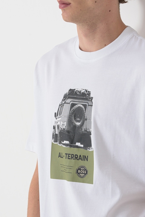 BOSS, Tricou lejer de bumbac cu imprimeu foto, Negru stins/Verde pal/Alb optic