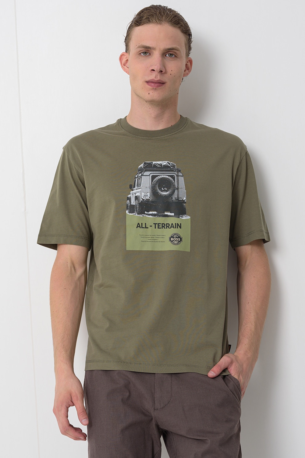 BOSS, Tricou lejer de bumbac cu imprimeu foto, Verde feriga, 2XL