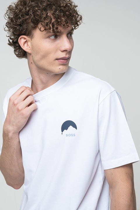 BOSS, Tricou din bumbac cu imprimeu grafic pe partea din spate, Alb