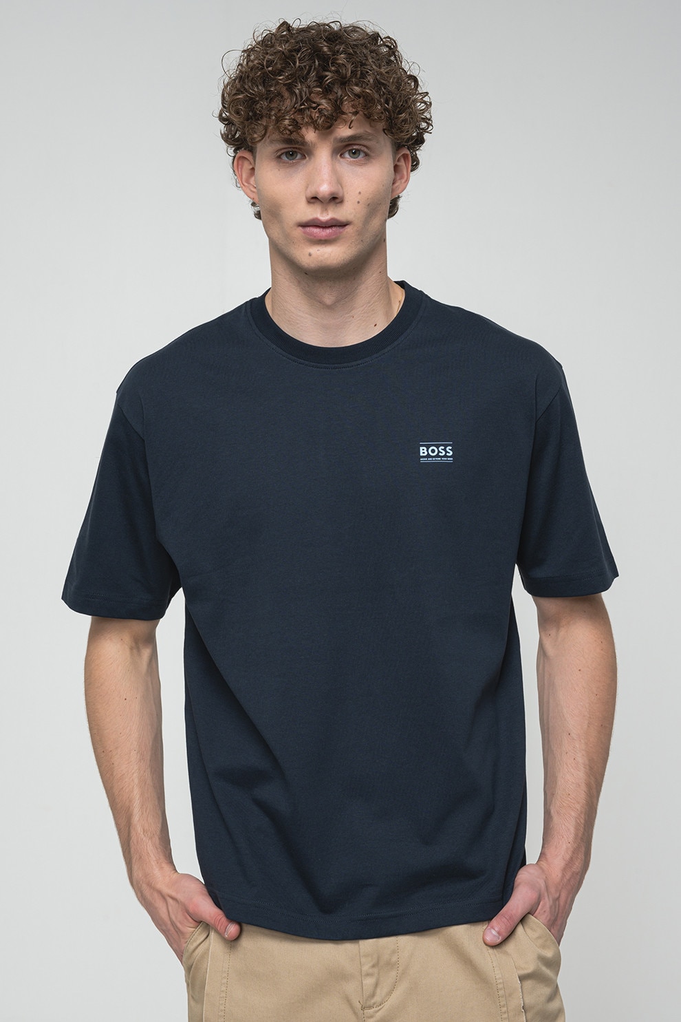 BOSS, Tricou din bumbac cu imprimeu grafic pe partea din spate, Albastru ultramarin, L