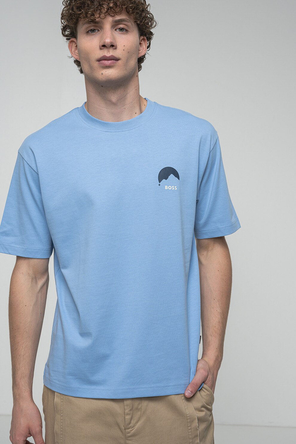 BOSS, Tricou din bumbac cu imprimeu grafic pe partea din spate, Albastru pastel, M