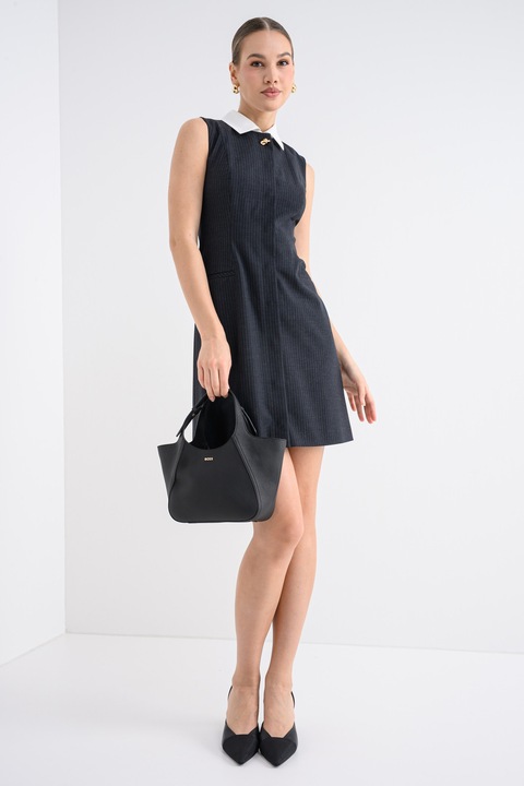 HUGO, Rochie mini cu dungi discrete si guler de blana sintetica Kaledoni, Alb murdar/Bleumarin