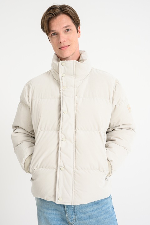 BOSS, Geaca cu vatelina si guler inalt, Alb murdar