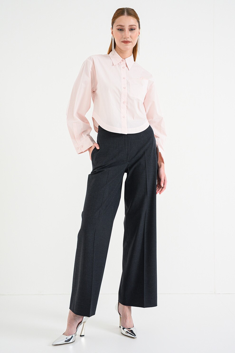 HUGO, Pantaloni ampli in dungi Hambala, Gri antracit, 36