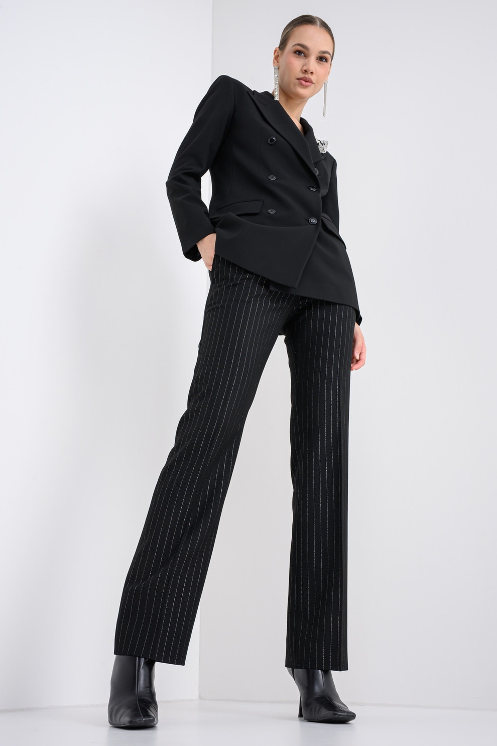 HUGO, Pantaloni drepti cu model in dungi, Negru, 36