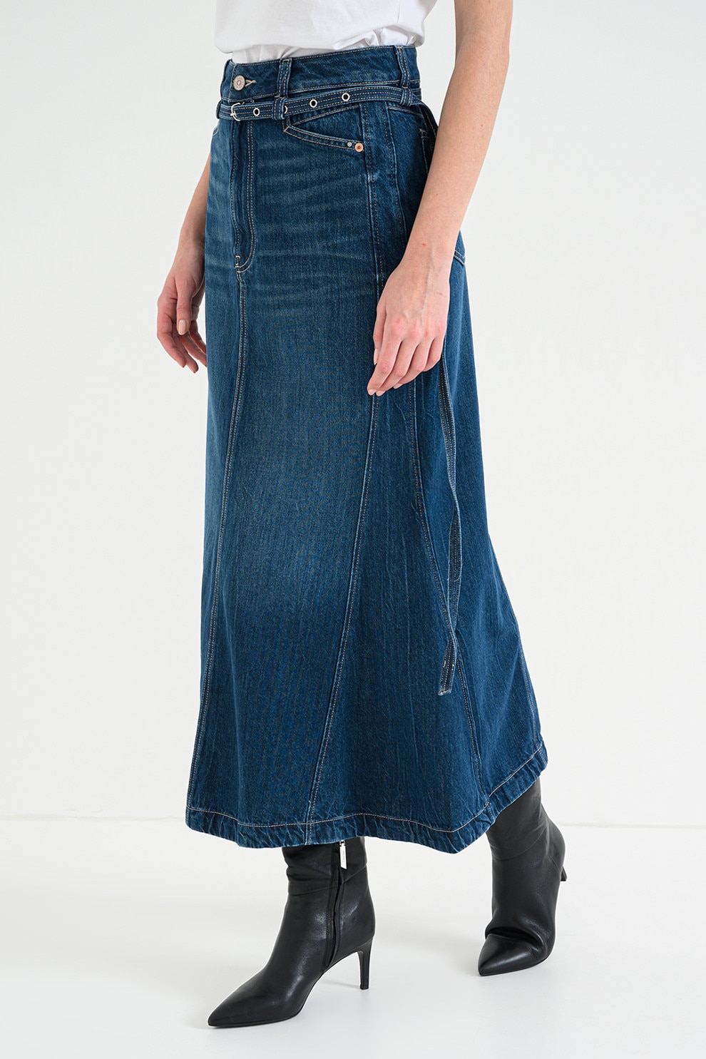 BOSS, Fusta lunga de denim, Albastru melange, 26