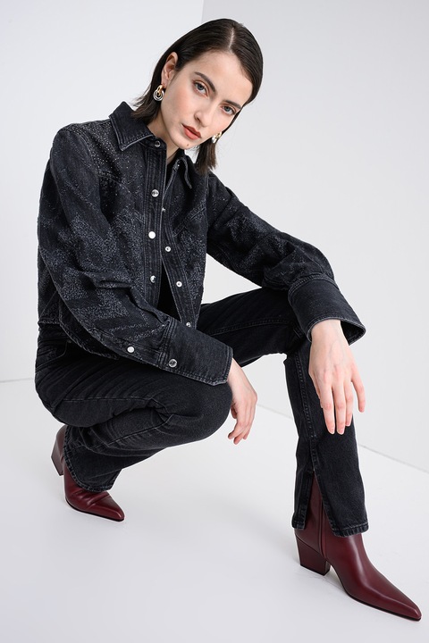 BOSS, Jacheta din denim cu aplicatii cu strasuri, Gri inchis melange, S