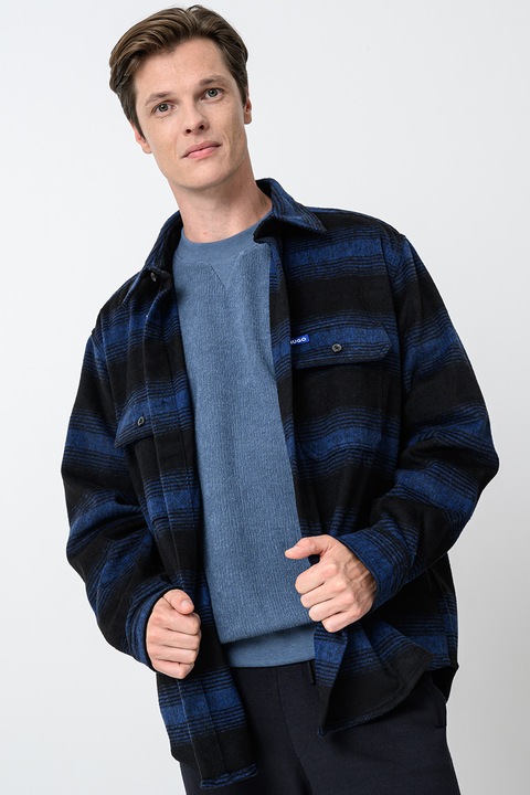 HUGO, Camasa din amestec de lana Ebolt, Negru/Albastru inchis