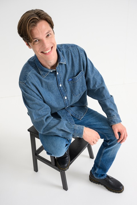 HUGO, Camasa de denim cu buzunar pe piept, Albastru