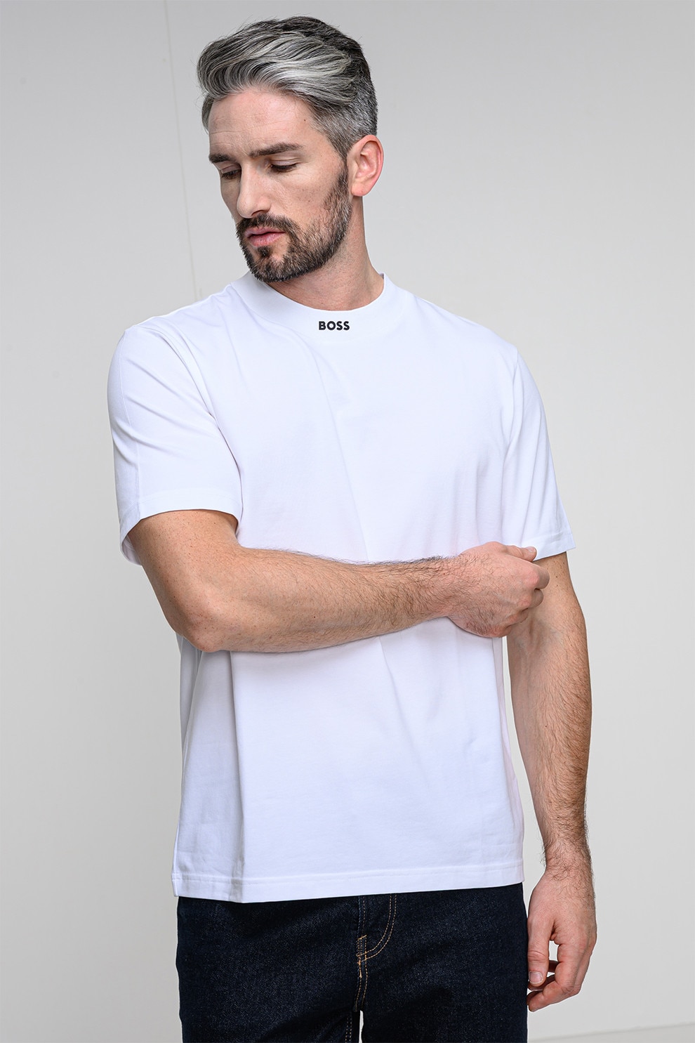 BOSS, Tricou lejer Collar Zone, Alb optic, XL