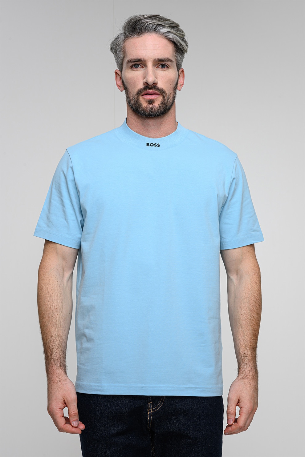 BOSS, Tricou lejer Collar Zone, Albastru pastel, L