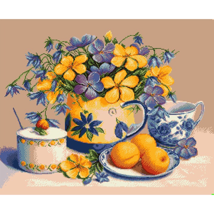 Goblen Romanta panselutelor, Rogoblen - kit cu diagrama color, fire mouline si panza bej caroiata, 23 x 28 cm