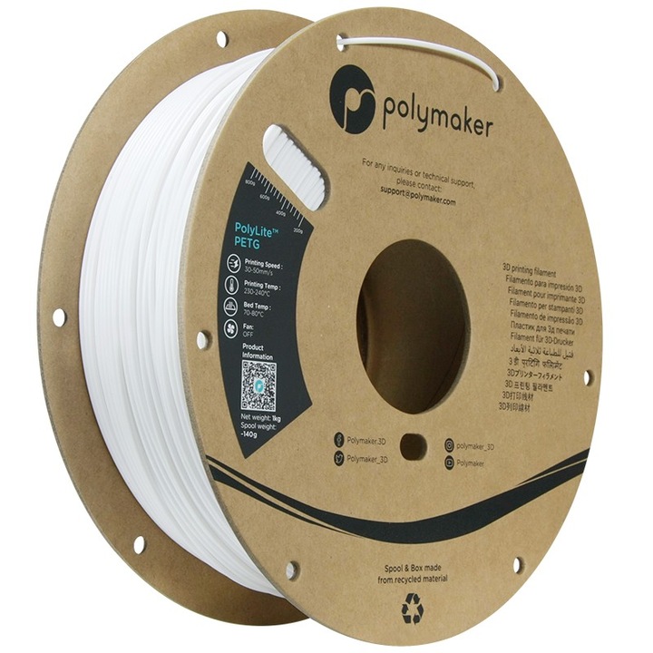 Filament 3D Polymaker PolyLite PETG 1.75mm Alb 1kg, rezistent la căldură, durabil
