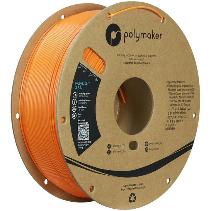 Filament 3D Polymaker PolyLite ASA 1.75mm Portocaliu 1kg, rezistent la intemperii, UV