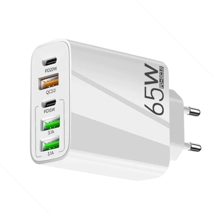 Incarcator Retea 65W 5 Porturi Fast Charge, 3x USB, 2x Type-C, Universal, Compatibil iPhone Samsung Huawei Xiaomi, Alb