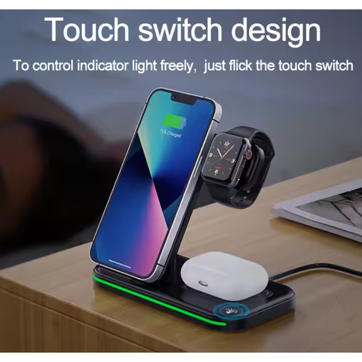 Incarcator universal 3/1, cu lumina de noapte, incarcare rapida 15w, telefon, smartwatch si casti