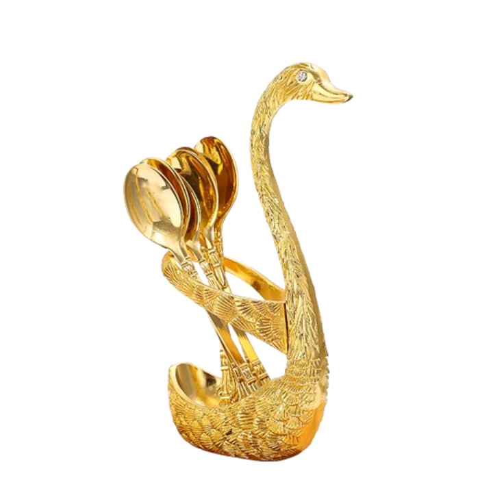 Set lingurițe de desert, inox, auriu, 6 bucăți cu suport lebădă, 7.3x15.2cm, 12x2.5cm