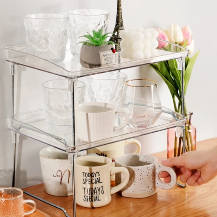 Set 2 organizatoare pliabile pentru bucatarie, picioare din inox, dimensiuni 29 x 21 x 16 cm, curatare usoara, transparent