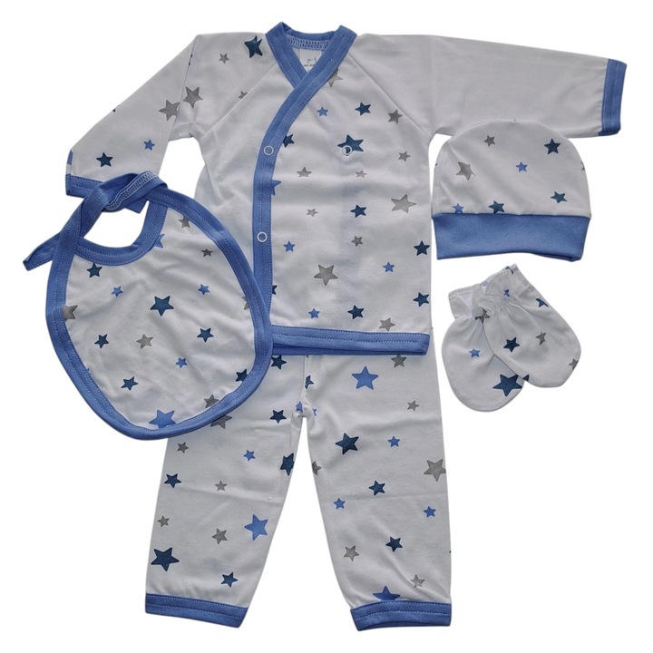 Compleu bebelusi, Baieti, Bumbac, Alb cu stelute, 5 piese, 0-3 luni, 62 CM