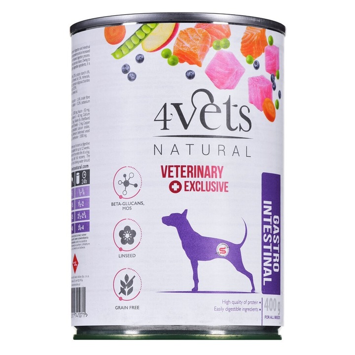 Hrana umeda caini, 4vets Natural Gastro Intestinal, curcan, 400g