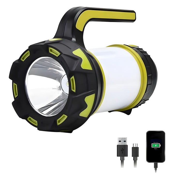 J.PAN LED фенер, T6 LED + 40 бели LED + 20 червени LED, 3000mAh, 6 режима на осветление, зелено/черно, 170x92x127mm